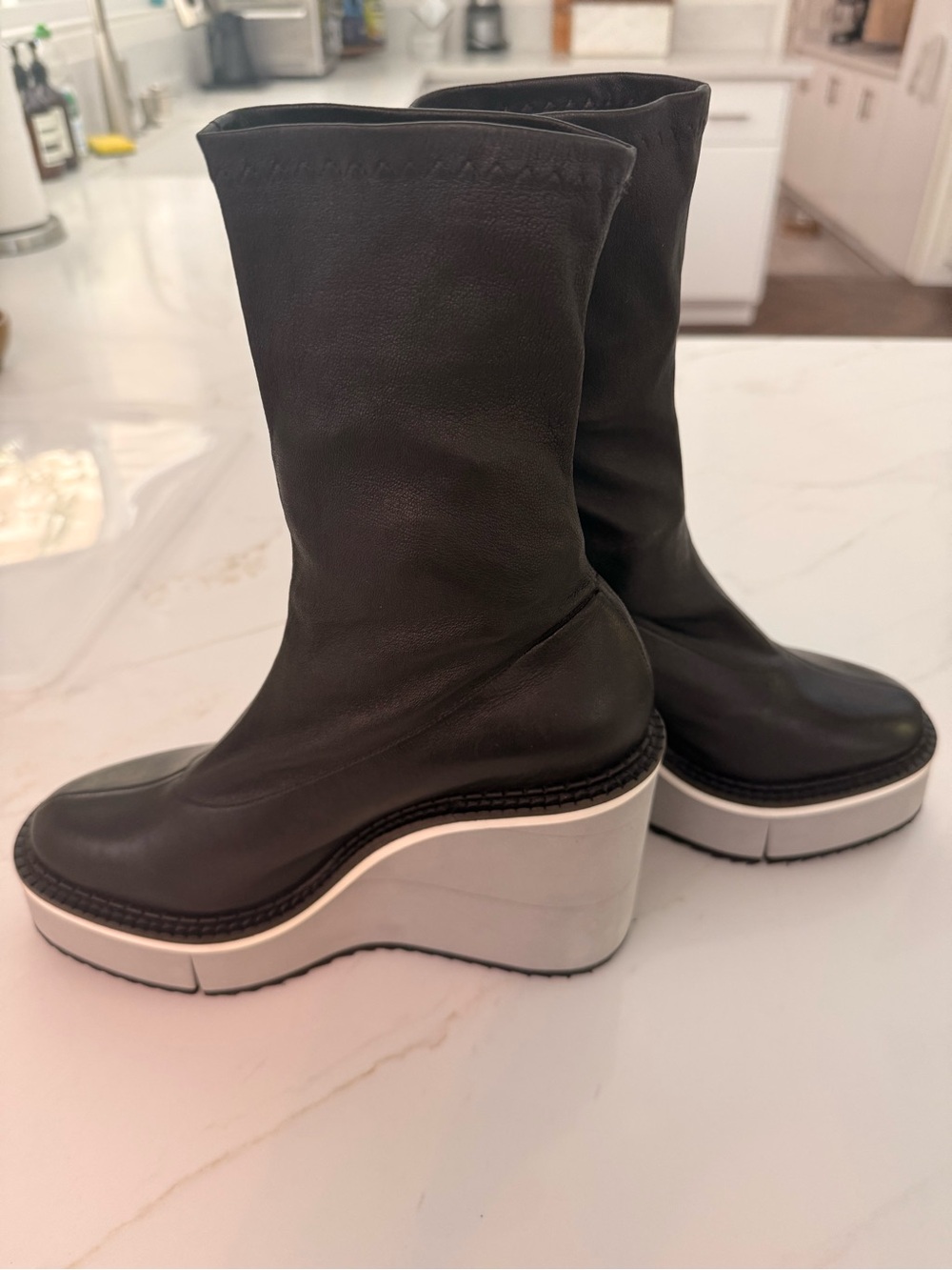 Robert Clergerie Black Leather Platform Wedge Boots with grey Sole
